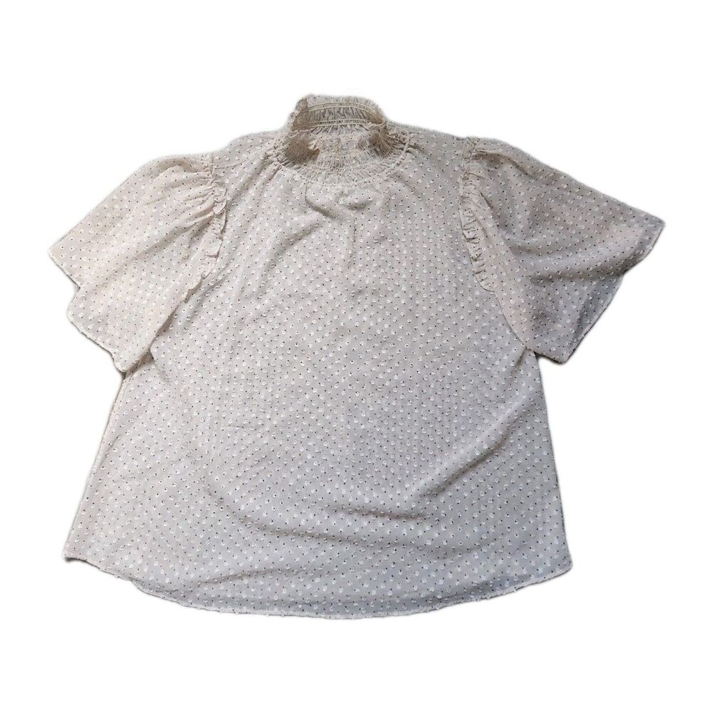 Everleigh Swiss Dot Blouse Womens L Cream Mock Neck Ruffle Flutter Sleeve Sheer